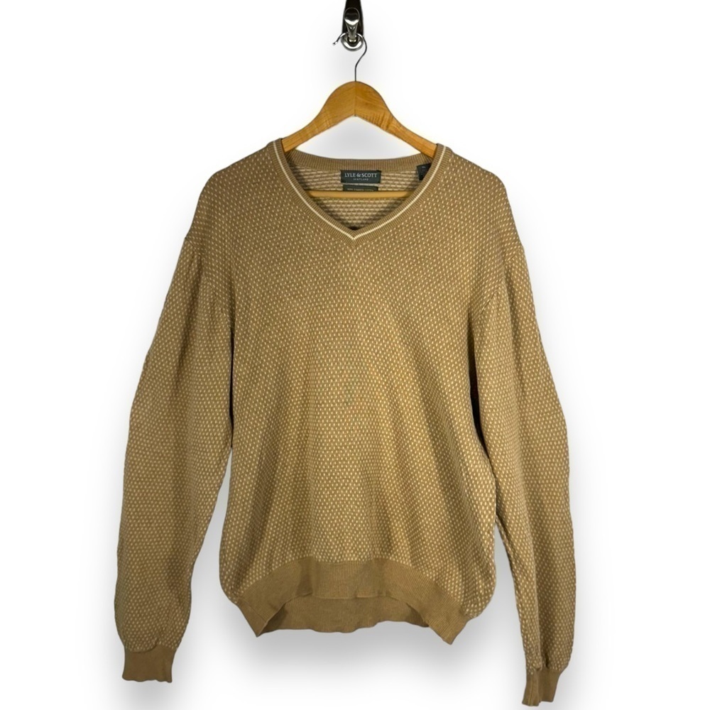Lyle & Scott Scotland 100% Combed Cotton V Neck Sweater, Tan/White, Size XL